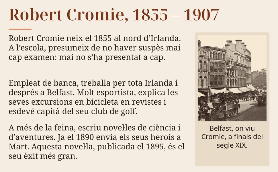 Robert Cromie, 1855 – 1907. Robert Cromie neix el 1855 al nord d’Irlanda. A l’escola, presumeix de no haver suspès mai cap examen: mai no s’ha presentat a cap.