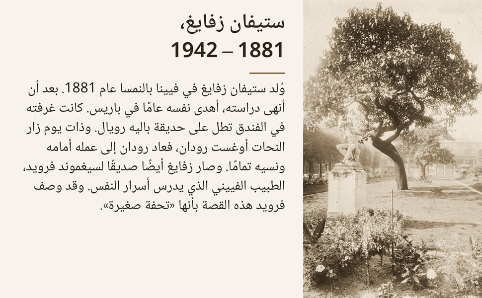 ستيفان زفايغ، 1881 – 1942. وُلد ستيفان زفايغ في فيينا بالنمسا عام 1881. بعد أن أنهى دراسته، أهدى نفسه عامًا في باريس. كانت غرفته في الفندق تطل على حديقة باليه رويال. وذات يوم زار النحات أوغست رودان، فعاد رودان إلى عمله…