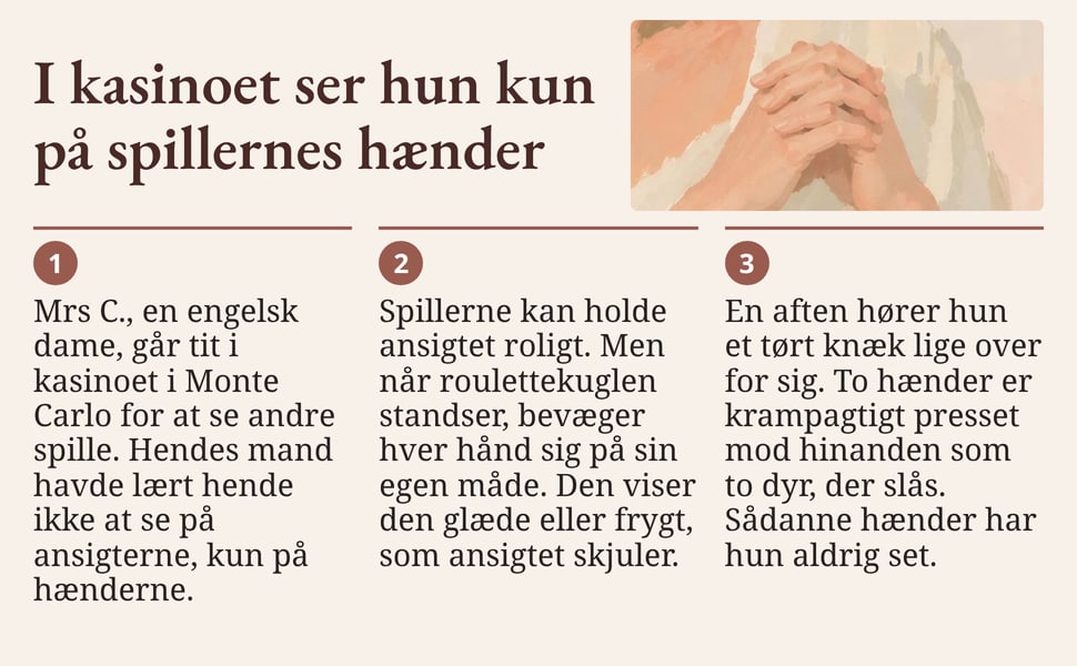 I kasinoet ser hun kun på spillernes hænder. Mrs C., en engelsk dame, går tit i kasinoet i Monte Carlo for at se andre spille. Hendes mand havde lært hende ikke at se på ansigterne, kun på hænderne.