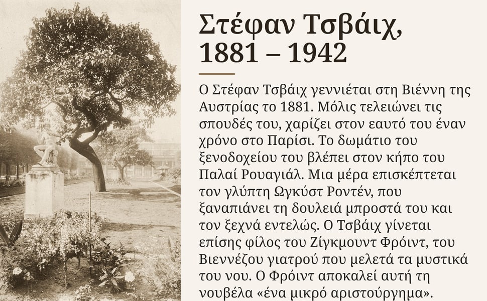 Στέφαν Τσβάιχ, 1881 – 1942. Ο Στέφαν Τσβάιχ γεννιέται στη Βιέννη της Αυστρίας το 1881. Μόλις τελειώνει τις σπουδές του, χαρίζει στον εαυτό του έναν χρόνο στο Παρίσι. Το δωμάτιο του ξενοδοχείου του βλέπει στον κήπο του…