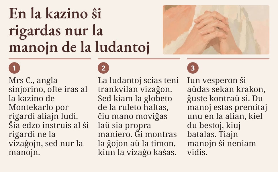 En la kazino ŝi rigardas nur la manojn de la ludantoj. Mrs C., angla sinjorino, ofte iras al la kazino de Montekarlo por rigardi aliajn ludi. Ŝia edzo instruis al ŝi rigardi ne la vizaĝojn, sed nur la manojn.