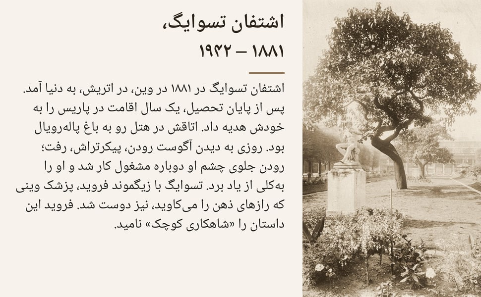 اشتفان تسوایگ، ۱۸۸۱ – ۱۹۴۲. اشتفان تسوایگ در ۱۸۸۱ در وین، در اتریش، به دنیا آمد. پس از پایان تحصیل، یک سال اقامت در پاریس را به خودش هدیه داد. اتاقش در هتل رو به باغ پالهرویال بود. روزی به دیدن آگوست رودن، پیکرتراش،…
