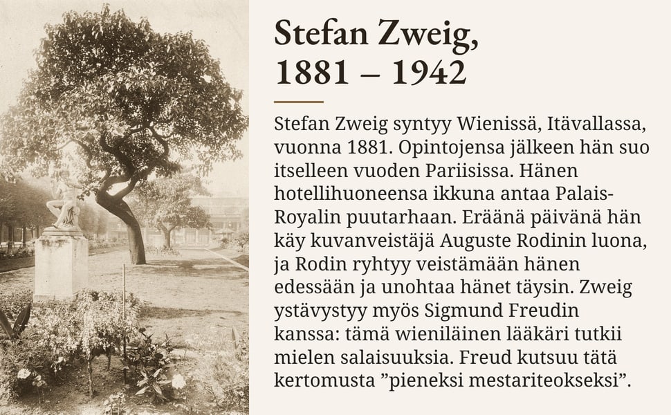 Stefan Zweig, 1881 – 1942. Stefan Zweig syntyy Wienissä, Itävallassa, vuonna 1881. Opintojensa jälkeen hän suo itselleen vuoden Pariisissa. Hänen hotellihuoneensa ikkuna antaa Palais-Royalin puutarhaan. Eräänä päivänä…
