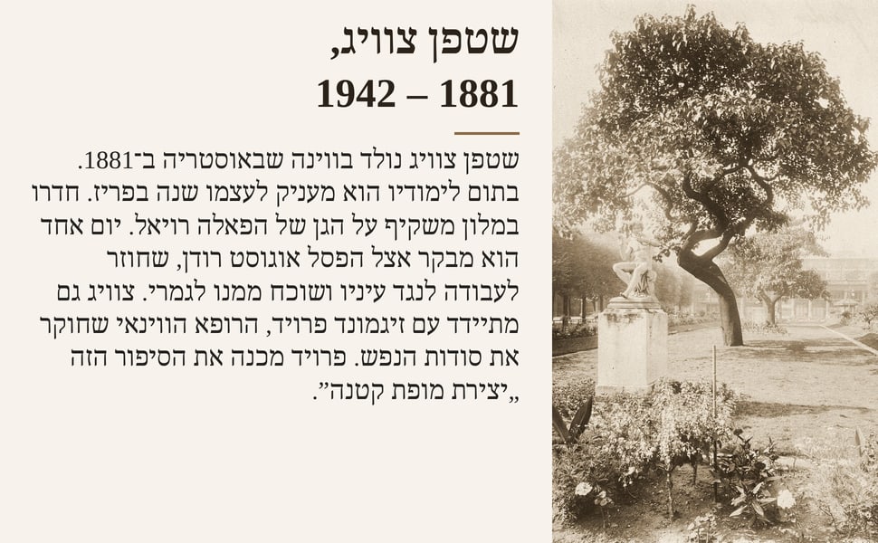 שטפן צוויג, 1881 – 1942. שטפן צוויג נולד בווינה שבאוסטריה ב־1881. בתום לימודיו הוא מעניק לעצמו שנה בפריז. חדרו במלון משקיף על הגן של הפאלה רויאל. יום אחד הוא מבקר אצל הפסל אוגוסט רודן, שחוזר לעבודה לנגד עיניו ושוכח…