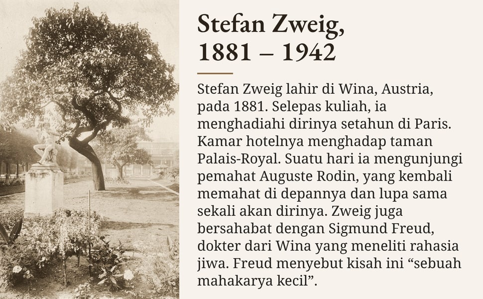 Stefan Zweig, 1881 – 1942. Stefan Zweig lahir di Wina, Austria, pada 1881. Selepas kuliah, ia menghadiahi dirinya setahun di Paris. Kamar hotelnya menghadap taman Palais-Royal. Suatu hari ia mengunjungi pemahat Auguste…