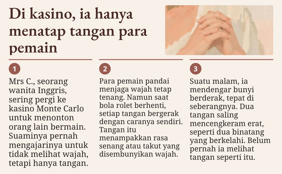 Di kasino, ia hanya menatap tangan para pemain. Mrs C., seorang wanita Inggris, sering pergi ke kasino Monte Carlo untuk menonton orang lain bermain. Suaminya pernah mengajarinya untuk tidak melihat wajah, tetapi hanya…