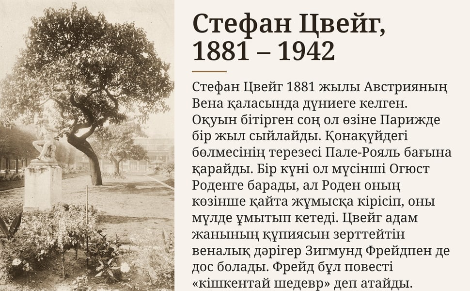Стефан Цвейг, 1881 – 1942. Стефан Цвейг 1881 жылы Австрияның Вена қаласында дүниеге келген. Оқуын бітірген соң ол өзіне Парижде бір жыл сыйлайды. Қонақүйдегі бөлмесінің терезесі Пале-Рояль бағына қарайды. Бір күні ол…