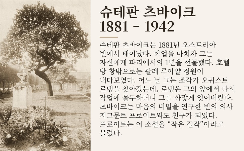 슈테판 츠바이크 1881 – 1942. 슈테판 츠바이크는 1881년 오스트리아 빈에서 태어났다. 학업을 마치자 그는 자신에게 파리에서의 1년을 선물했다. 호텔 방 창밖으로는 팔레 루아얄 정원이 내다보였다. 어느 날 그는 조각가 오귀스트 로댕을 찾아갔는데, 로댕은 그의 앞에서 다시 작업에 몰두하더니 그를 까맣게 잊어버렸다. 츠바이크는 마음의 비밀을 연구한 빈의 의사 지그문트 프로이트와도…