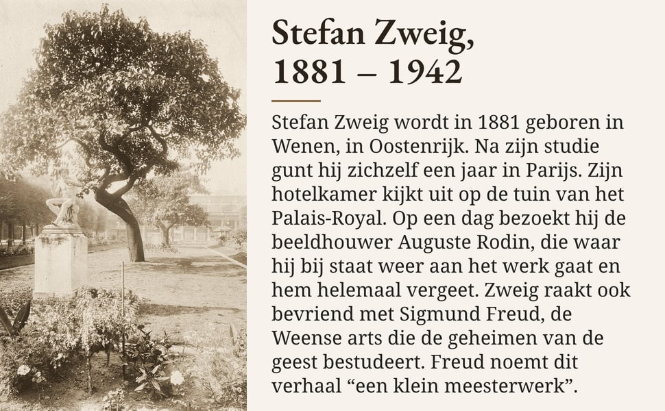 Stefan Zweig, 1881 – 1942. Stefan Zweig wordt in 1881 geboren in Wenen, in Oostenrijk. Na zijn studie gunt hij zichzelf een jaar in Parijs. Zijn hotelkamer kijkt uit op de tuin van het Palais-Royal. Op een dag bezoekt…