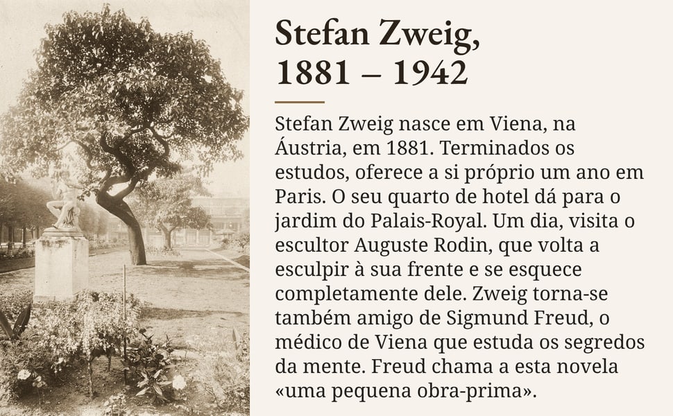 Stefan Zweig, 1881 – 1942. Stefan Zweig nasce em Viena, na Áustria, em 1881. Terminados os estudos, oferece a si próprio um ano em Paris. O seu quarto de hotel dá para o jardim do Palais-Royal. Um dia, visita o…