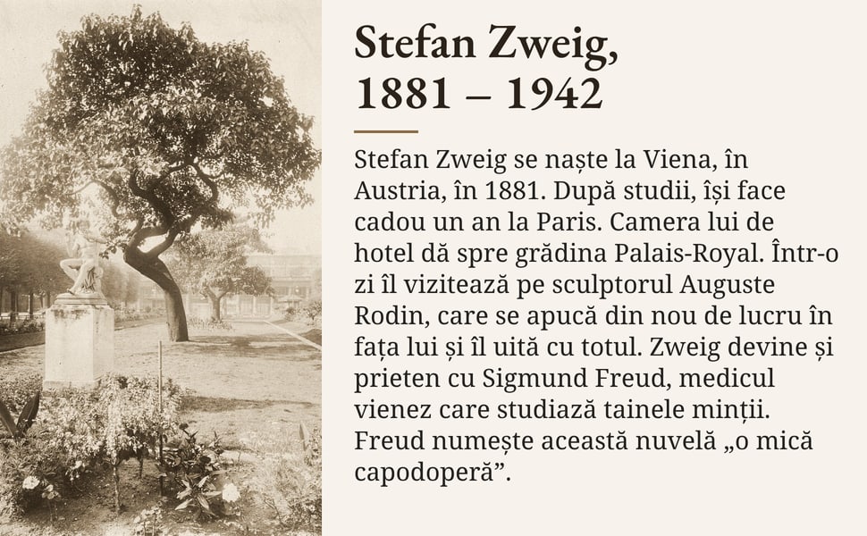 Stefan Zweig, 1881 – 1942. Stefan Zweig se naște la Viena, în Austria, în 1881. După studii, își face cadou un an la Paris. Camera lui de hotel dă spre grădina Palais-Royal. Într-o zi îl vizitează pe sculptorul Auguste…