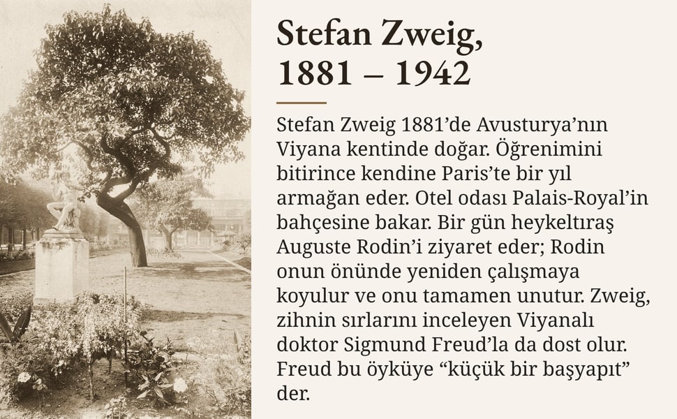 Stefan Zweig, 1881 – 1942. Stefan Zweig 1881’de Avusturya’nın Viyana kentinde doğar. Öğrenimini bitirince kendine Paris’te bir yıl armağan eder. Otel odası Palais-Royal’in bahçesine bakar. Bir gün heykeltıraş Auguste…