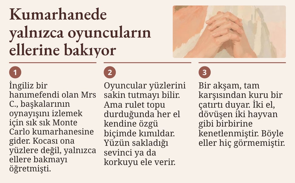 Kumarhanede yalnızca oyuncuların ellerine bakıyor. İngiliz bir hanımefendi olan Mrs C., başkalarının oynayışını izlemek için sık sık Monte Carlo kumarhanesine gider. Kocası ona yüzlere değil, yalnızca ellere bakmayı…