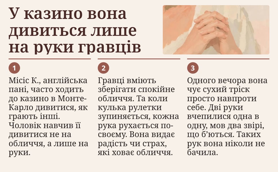У казино вона дивиться лише на руки гравців. Місіс К., англійська пані, часто ходить до казино в Монте-Карло дивитися, як грають інші. Чоловік навчив її дивитися не на обличчя, а лише на руки.