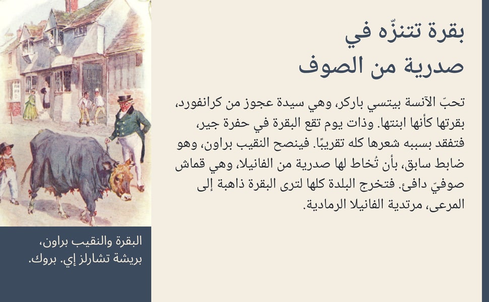 بقرة تتنزّه في صدرية من الصوف. تحبّ الآنسة بيتسي باركر، وهي سيدة عجوز من كرانفورد، بقرتها كأنها ابنتها. وذات يوم تقع البقرة في حفرة جير، فتفقد بسببه شعرها كله تقريبًا. فينصح النقيب براون، وهو ضابط سابق، بأن تُخاط لها…