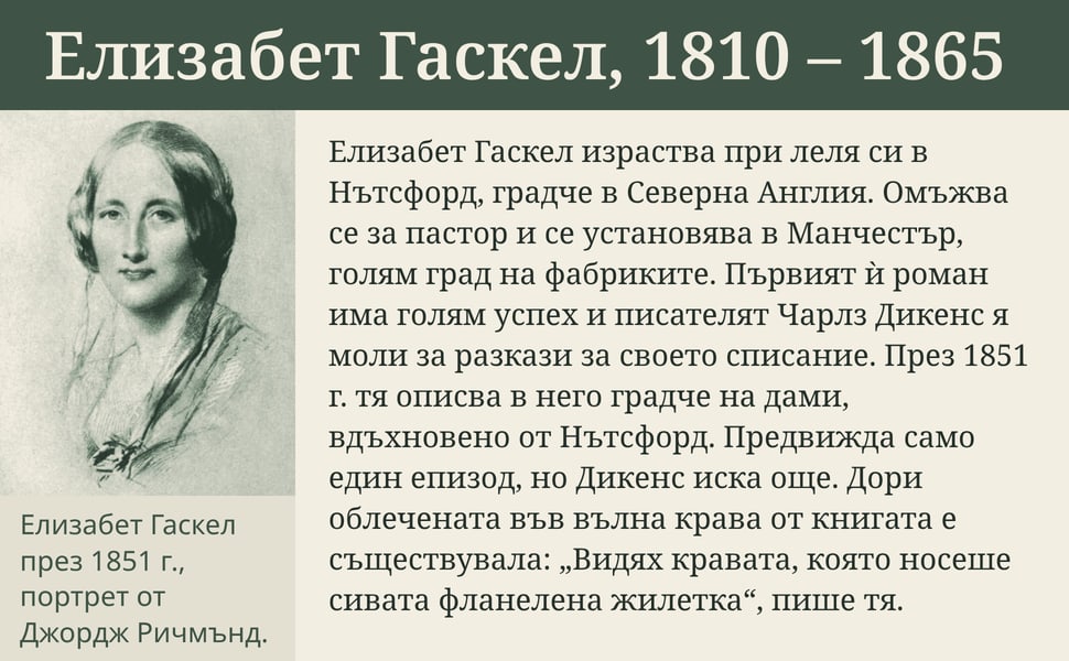 Елизабет Гаскел, 1810 – 1865. Елизабет Гаскел израства при леля си в Нътсфорд, градче в Северна Англия. Омъжва се за пастор и се установява в Манчестър, голям град на фабриките. Първият ѝ роман има голям успех и…