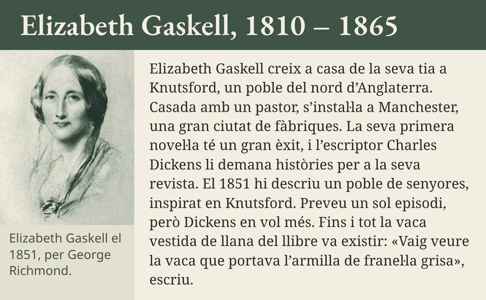Elizabeth Gaskell, 1810 – 1865. Elizabeth Gaskell creix a casa de la seva tia a Knutsford, un poble del nord d’Anglaterra. Casada amb un pastor, s’instal·la a Manchester, una gran ciutat de fàbriques. La seva primera…