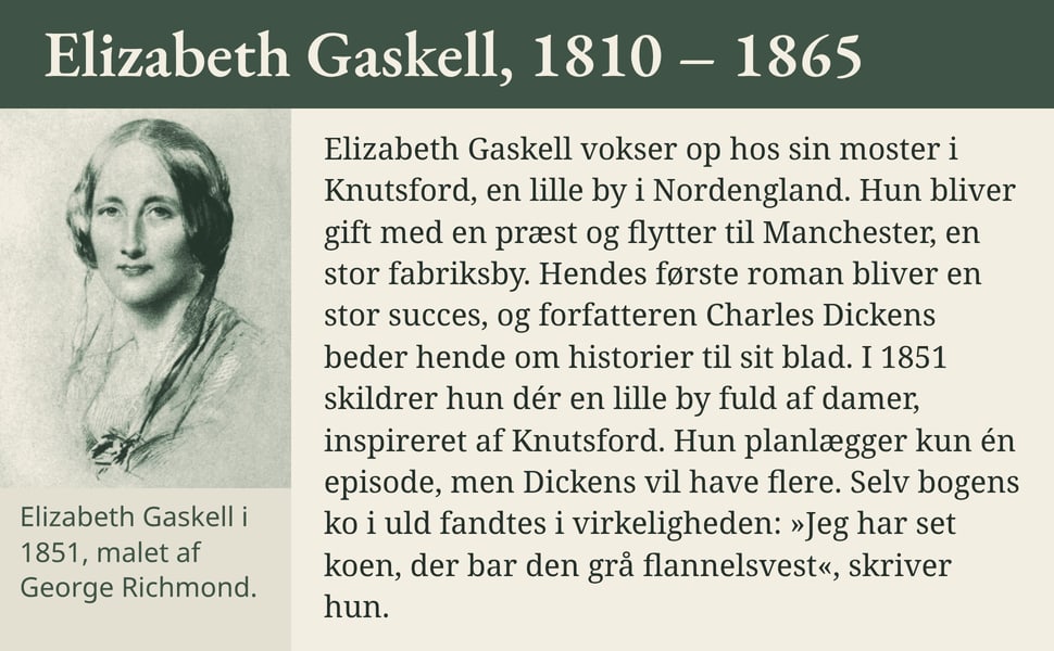 Elizabeth Gaskell, 1810 – 1865. Elizabeth Gaskell vokser op hos sin moster i Knutsford, en lille by i Nordengland. Hun bliver gift med en præst og flytter til Manchester, en stor fabriksby. Hendes første roman bliver…