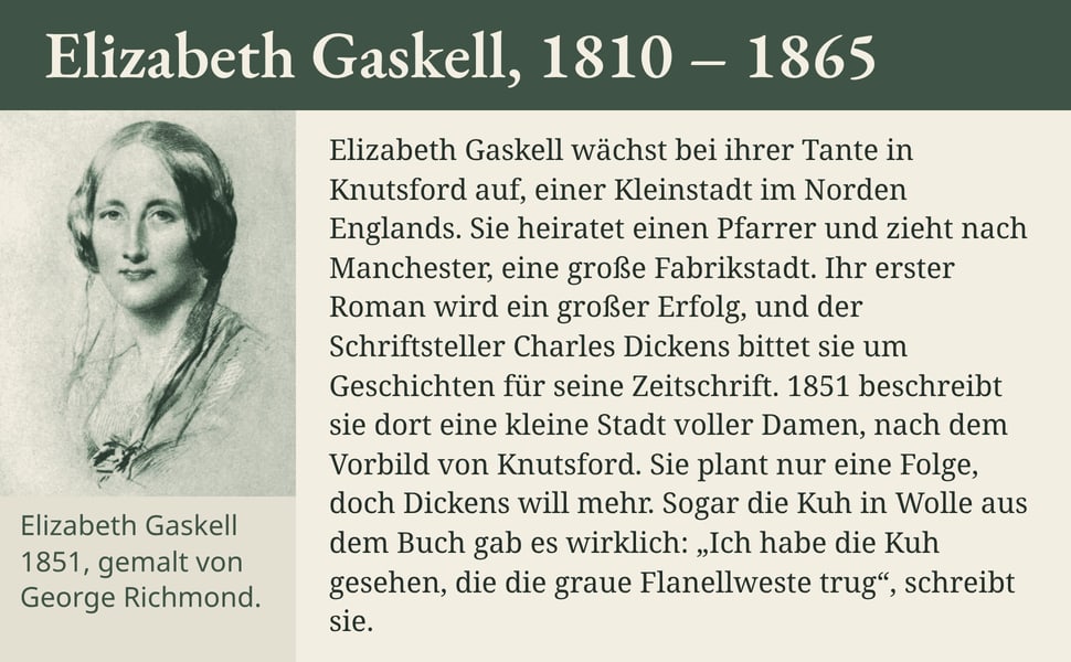 Elizabeth Gaskell, 1810 – 1865. Elizabeth Gaskell wächst bei ihrer Tante in Knutsford auf, einer Kleinstadt im Norden Englands. Sie heiratet einen Pfarrer und zieht nach Manchester, eine große Fabrikstadt. Ihr erster…