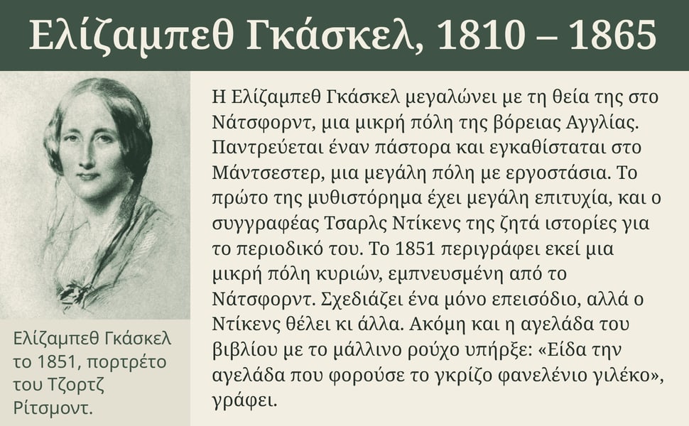 Ελίζαμπεθ Γκάσκελ, 1810 – 1865. Η Ελίζαμπεθ Γκάσκελ μεγαλώνει με τη θεία της στο Νάτσφορντ, μια μικρή πόλη της βόρειας Αγγλίας. Παντρεύεται έναν πάστορα και εγκαθίσταται στο Μάντσεστερ, μια μεγάλη πόλη με εργοστάσια.…