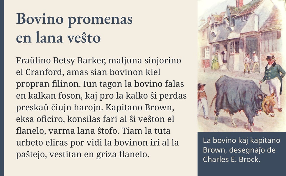 Bovino promenas en lana veŝto. Fraŭlino Betsy Barker, maljuna sinjorino el Cranford, amas sian bovinon kiel propran filinon. Iun tagon la bovino falas en kalkan foson, kaj pro la kalko ŝi perdas preskaŭ ĉiujn harojn.…