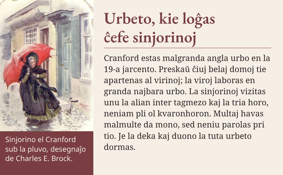 Urbeto, kie loĝas ĉefe sinjorinoj. Cranford estas malgranda angla urbo en la 19-a jarcento. Preskaŭ ĉiuj belaj domoj tie apartenas al virinoj; la viroj laboras en granda najbara urbo. La sinjorinoj vizitas unu la alian…