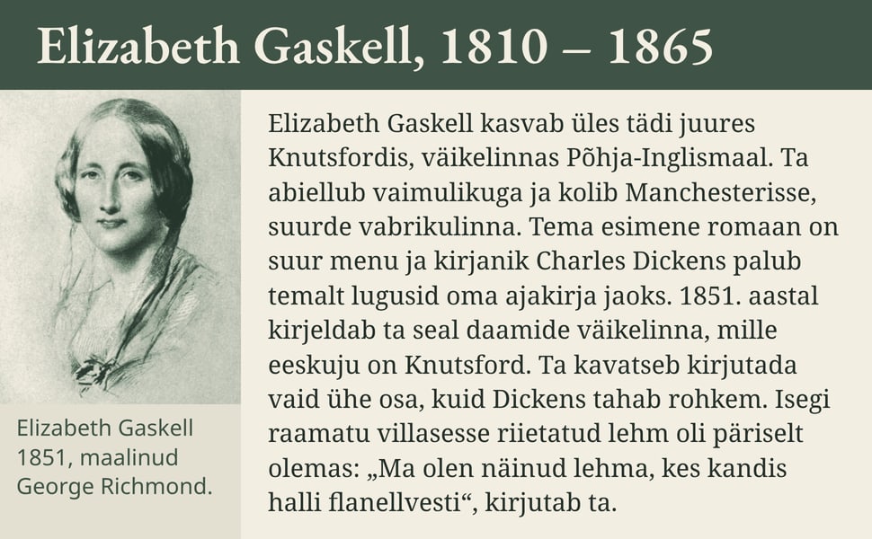 Elizabeth Gaskell, 1810 – 1865. Elizabeth Gaskell kasvab üles tädi juures Knutsfordis, väikelinnas Põhja-Inglismaal. Ta abiellub vaimulikuga ja kolib Manchesterisse, suurde vabrikulinna. Tema esimene romaan on suur…