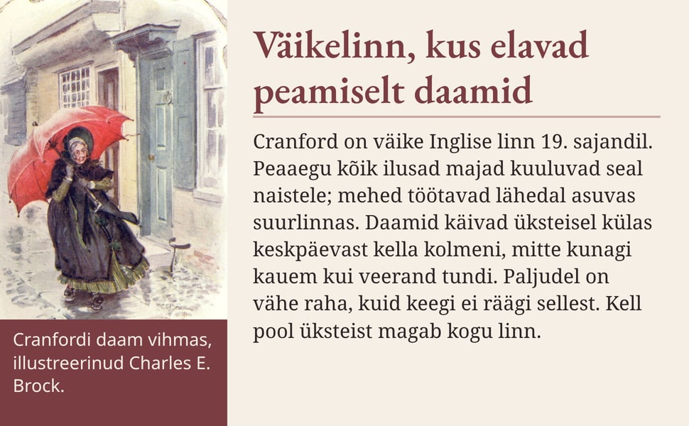 Väikelinn, kus elavad peamiselt daamid. Cranford on väike Inglise linn 19. sajandil. Peaaegu kõik ilusad majad kuuluvad seal naistele; mehed töötavad lähedal asuvas suurlinnas. Daamid käivad üksteisel külas keskpäevast…