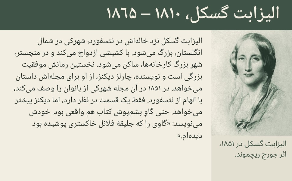 الیزابت گسکل، ۱۸۱۰ – ۱۸۶۵. الیزابت گسکل نزد خالهاش در نتسفورد، شهرکی در شمال انگلستان، بزرگ میشود. با کشیشی ازدواج میکند و در منچستر، شهر بزرگ کارخانهها، ساکن میشود. نخستین رمانش موفقیت بزرگی است و نویسنده، چارلز…