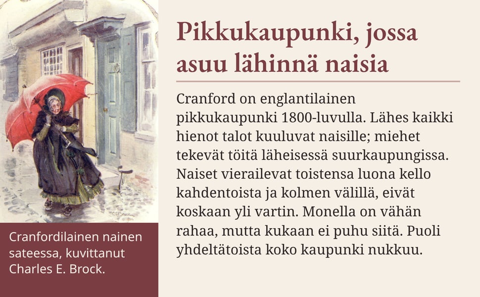 Pikkukaupunki, jossa asuu lähinnä naisia. Cranford on englantilainen pikkukaupunki 1800-luvulla. Lähes kaikki hienot talot kuuluvat naisille; miehet tekevät töitä läheisessä suurkaupungissa. Naiset vierailevat…