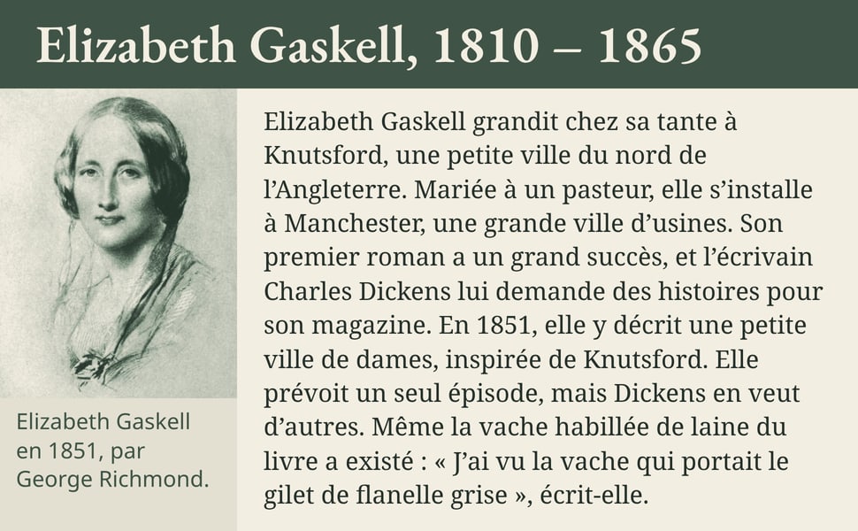 Elizabeth Gaskell, 1810 – 1865. Elizabeth Gaskell grandit chez sa tante à Knutsford, une petite ville du nord de l’Angleterre. Mariée à un pasteur, elle s’installe à Manchester, une grande ville d’usines. Son premier roman a un grand succès, et l’écrivain Charles Dickens lui demande des histoires pour son magazine. En 1851, elle y décrit une petite ville de dames, inspirée de Knutsford. Elle prévoit un seul épisode, mais Dickens en veut d’autres. Même la vache habillée de laine du livre a existé : « J’ai vu la vache qui portait le gilet de flanelle grise », écrit-elle. Elizabeth Gaskell en 1851, par George Richmond.