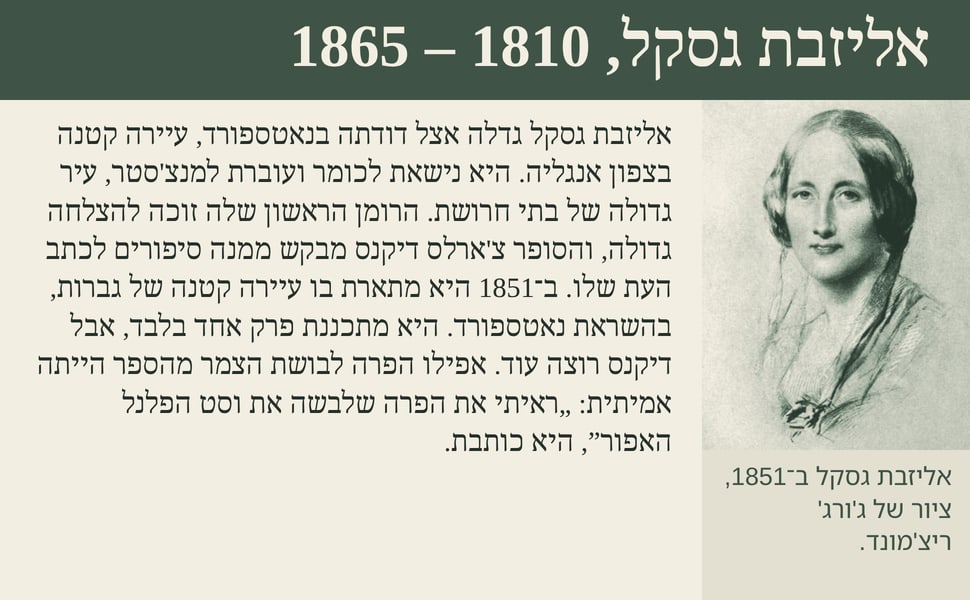 אליזבת גסקל, 1810 – 1865. אליזבת גסקל גדלה אצל דודתה בנאטספורד, עיירה קטנה בצפון אנגליה. היא נישאת לכומר ועוברת למנצ'סטר, עיר גדולה של בתי חרושת. הרומן הראשון שלה זוכה להצלחה גדולה, והסופר צ'ארלס דיקנס מבקש ממנה…