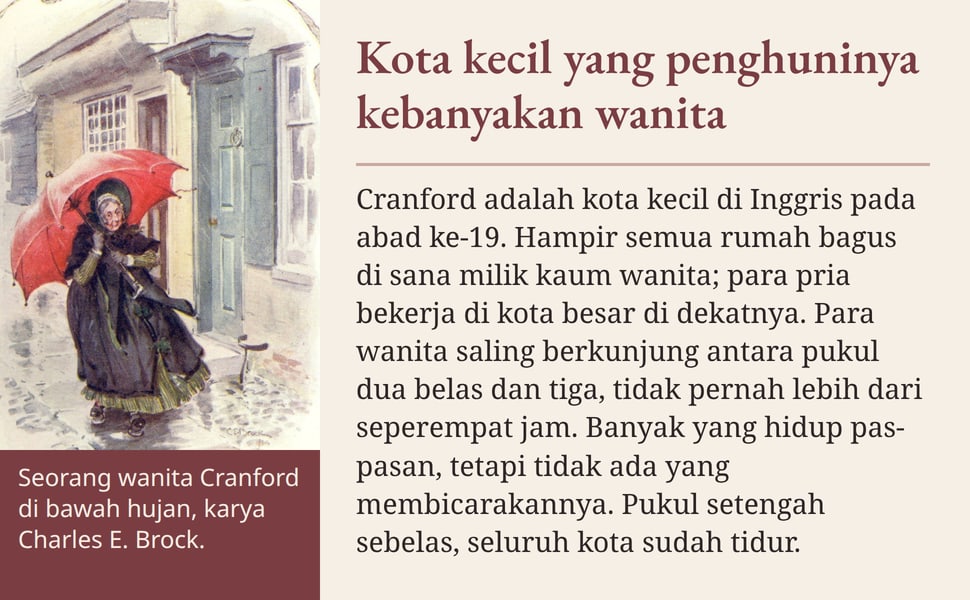 Kota kecil yang penghuninya kebanyakan wanita. Cranford adalah kota kecil di Inggris pada abad ke-19. Hampir semua rumah bagus di sana milik kaum wanita; para pria bekerja di kota besar di dekatnya. Para wanita saling…