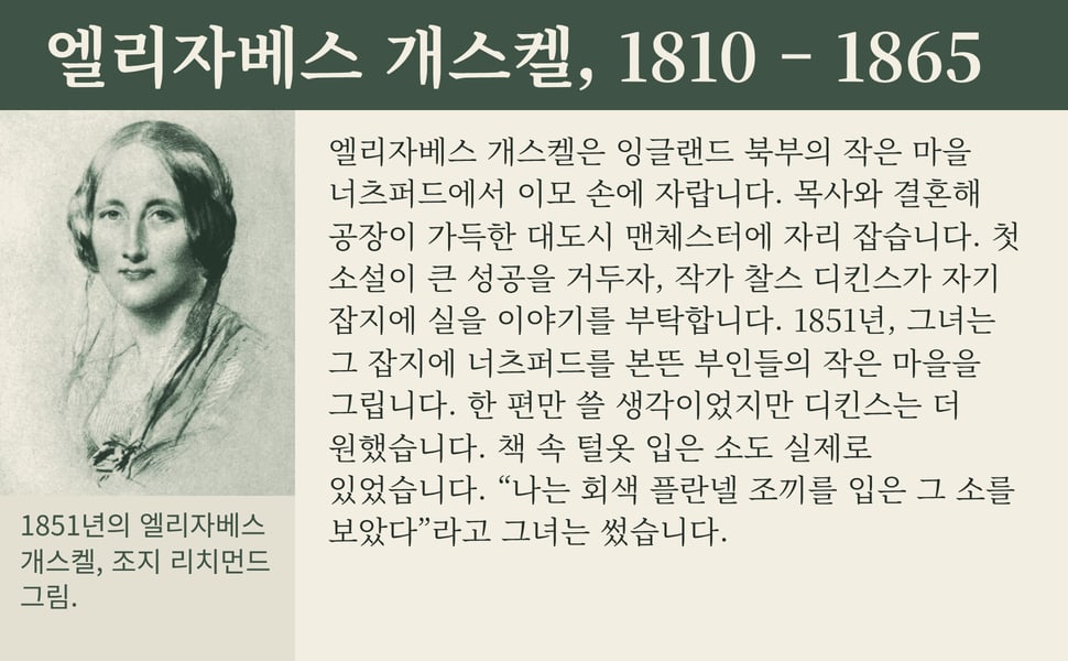 엘리자베스 개스켈, 1810 – 1865. 엘리자베스 개스켈은 잉글랜드 북부의 작은 마을 너츠퍼드에서 이모 손에 자랍니다. 목사와 결혼해 공장이 가득한 대도시 맨체스터에 자리 잡습니다. 첫 소설이 큰 성공을 거두자, 작가 찰스 디킨스가 자기 잡지에 실을 이야기를 부탁합니다. 1851년, 그녀는 그 잡지에 너츠퍼드를 본뜬 부인들의 작은 마을을 그립니다. 한 편만 쓸 생각이었지만 디킨스는 더…