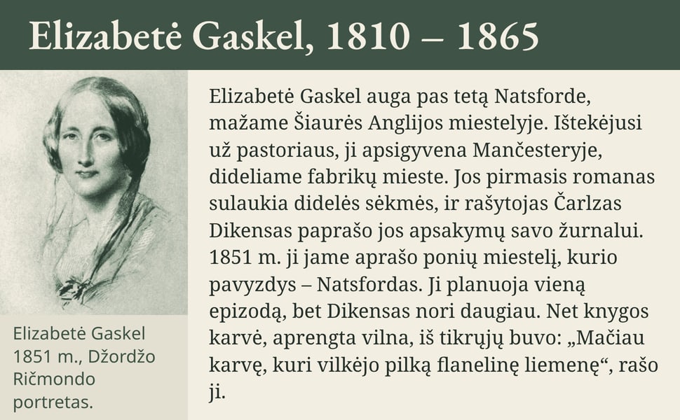 Elizabetė Gaskel, 1810 – 1865. Elizabetė Gaskel auga pas tetą Natsforde, mažame Šiaurės Anglijos miestelyje. Ištekėjusi už pastoriaus, ji apsigyvena Mančesteryje, dideliame fabrikų mieste. Jos pirmasis romanas sulaukia…