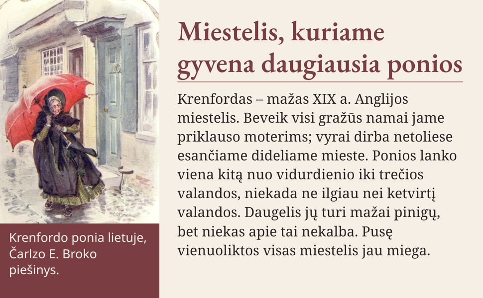 Miestelis, kuriame gyvena daugiausia ponios. Krenfordas – mažas XIX a. Anglijos miestelis. Beveik visi gražūs namai jame priklauso moterims; vyrai dirba netoliese esančiame dideliame mieste. Ponios lanko viena kitą nuo…