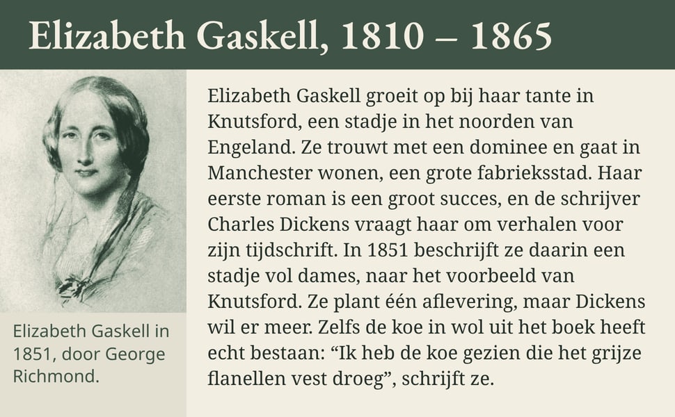 Elizabeth Gaskell, 1810 – 1865. Elizabeth Gaskell groeit op bij haar tante in Knutsford, een stadje in het noorden van Engeland. Ze trouwt met een dominee en gaat in Manchester wonen, een grote fabrieksstad. Haar…