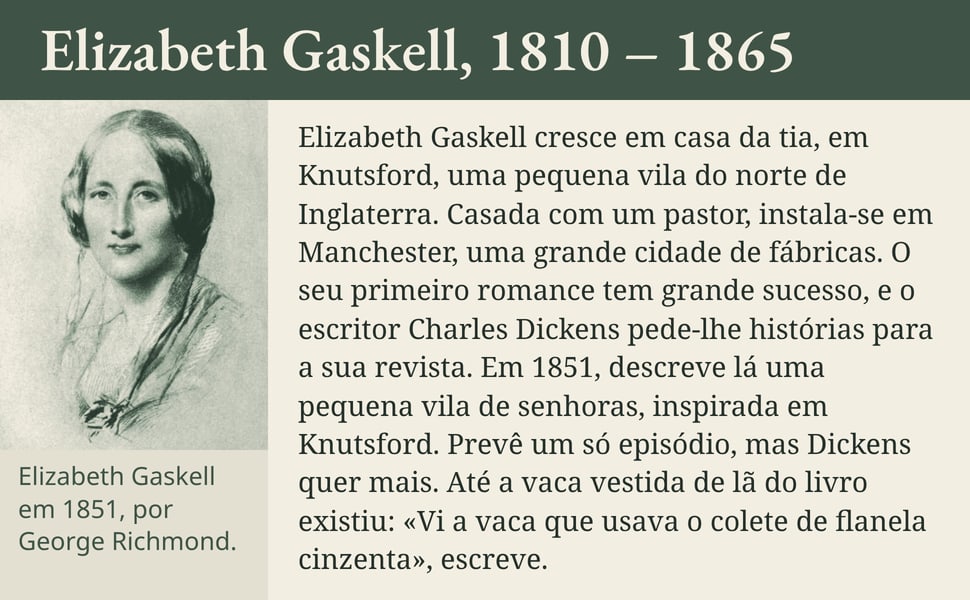 Elizabeth Gaskell, 1810 – 1865. Elizabeth Gaskell cresce em casa da tia, em Knutsford, uma pequena vila do norte de Inglaterra. Casada com um pastor, instala-se em Manchester, uma grande cidade de fábricas. O seu…