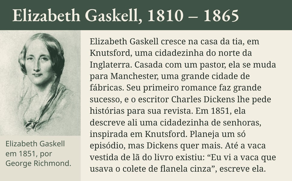 Elizabeth Gaskell, 1810 – 1865. Elizabeth Gaskell cresce na casa da tia, em Knutsford, uma cidadezinha do norte da Inglaterra. Casada com um pastor, ela se muda para Manchester, uma grande cidade de fábricas. Seu…