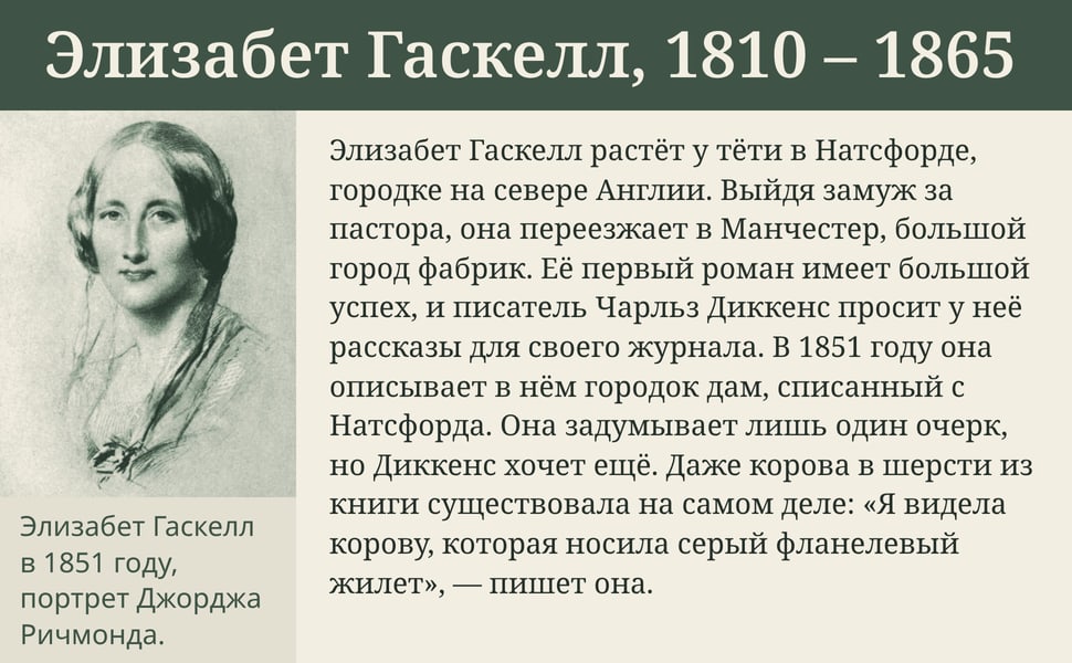 Элизабет Гаскелл, 1810 – 1865. Элизабет Гаскелл растёт у тёти в Натсфорде, городке на севере Англии. Выйдя замуж за пастора, она переезжает в Манчестер, большой город фабрик. Её первый роман имеет большой успех, и…
