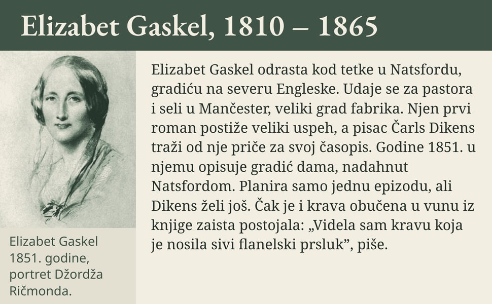 Elizabet Gaskel, 1810 – 1865. Elizabet Gaskel odrasta kod tetke u Natsfordu, gradiću na severu Engleske. Udaje se za pastora i seli u Mančester, veliki grad fabrika. Njen prvi roman postiže veliki uspeh, a pisac Čarls…