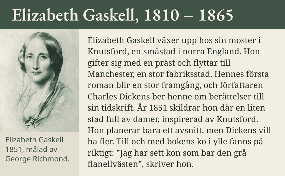 Elizabeth Gaskell, 1810 – 1865. Elizabeth Gaskell växer upp hos sin moster i Knutsford, en småstad i norra England. Hon gifter sig med en präst och flyttar till Manchester, en stor fabriksstad. Hennes första roman blir…