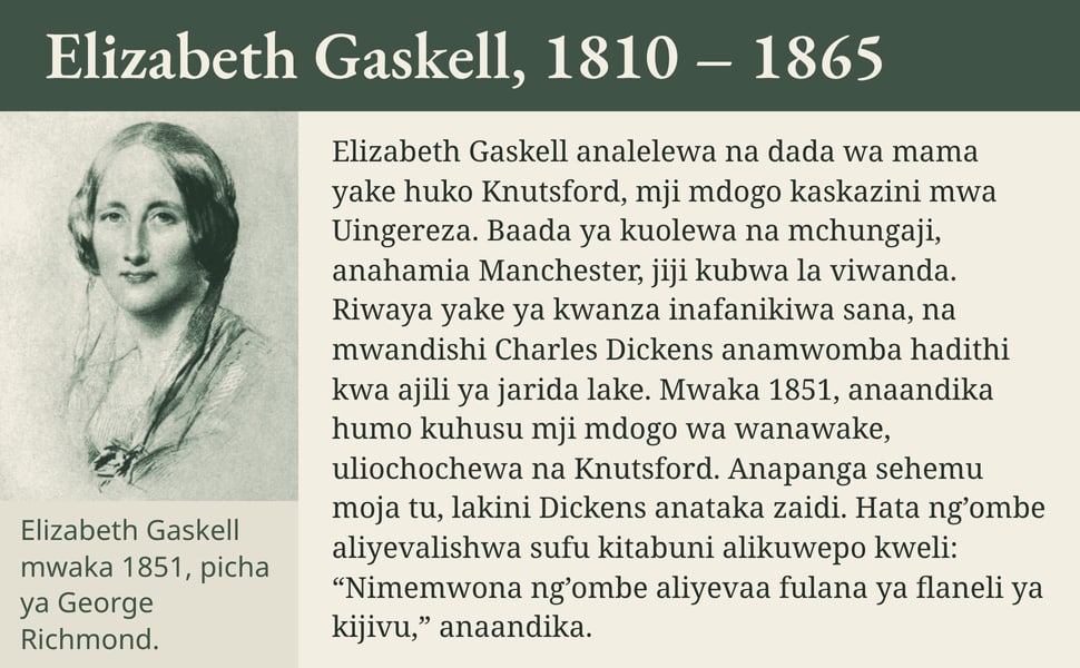 Elizabeth Gaskell, 1810 – 1865. Elizabeth Gaskell analelewa na dada wa mama yake huko Knutsford, mji mdogo kaskazini mwa Uingereza. Baada ya kuolewa na mchungaji, anahamia Manchester, jiji kubwa la viwanda. Riwaya yake…