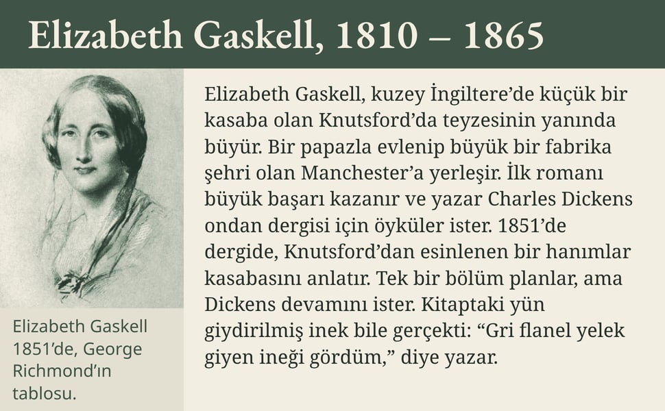 Elizabeth Gaskell, 1810 – 1865. Elizabeth Gaskell, kuzey İngiltere’de küçük bir kasaba olan Knutsford’da teyzesinin yanında büyür. Bir papazla evlenip büyük bir fabrika şehri olan Manchester’a yerleşir. İlk romanı…