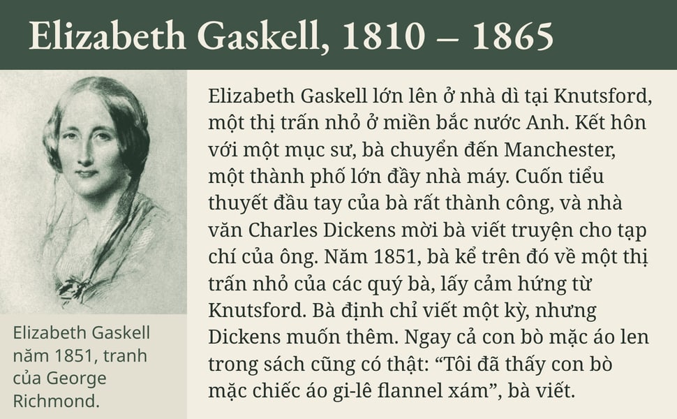 Elizabeth Gaskell, 1810 – 1865. Elizabeth Gaskell lớn lên ở nhà dì tại Knutsford, một thị trấn nhỏ ở miền bắc nước Anh. Kết hôn với một mục sư, bà chuyển đến Manchester, một thành phố lớn đầy nhà máy. Cuốn tiểu thuyết…