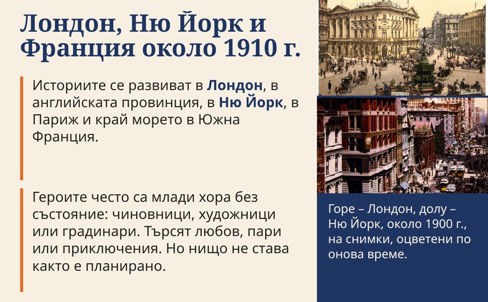 Лондон, Ню Йорк и Франция около 1910 г. Историите се развиват в Лондон, в английската провинция, в Ню Йорк, в Париж и край морето в Южна Франция.