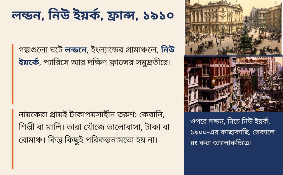 লন্ডন, নিউ ইয়র্ক, ফ্রান্স, ১৯১০. গল্পগুলো ঘটে লন্ডনে, ইংল্যান্ডের গ্রামাঞ্চলে, নিউ ইয়র্কে, প্যারিসে আর দক্ষিণ ফ্রান্সের সমুদ্রতীরে।.