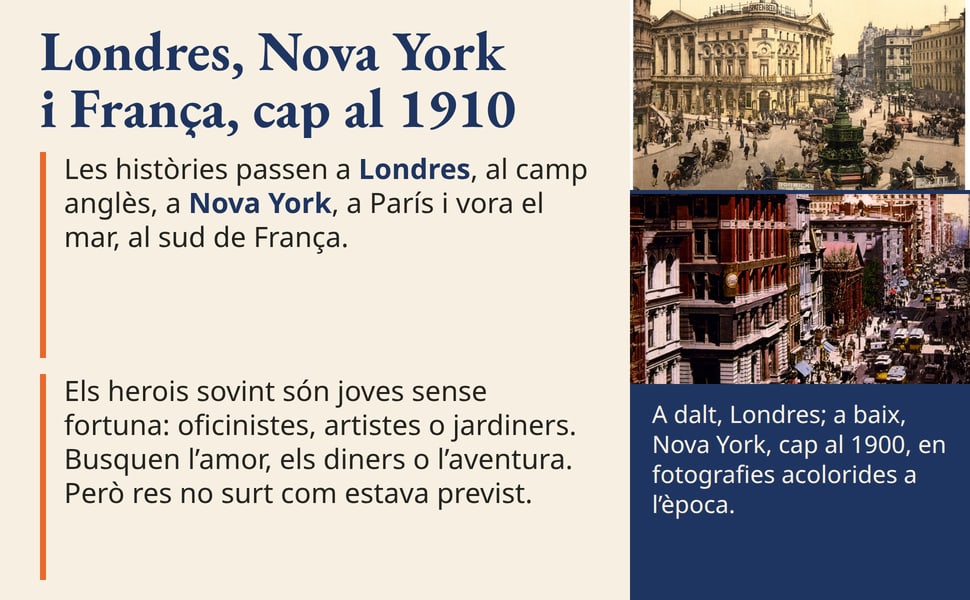 Londres, Nova York i França, cap al 1910. Les històries passen a Londres, al camp anglès, a Nova York, a París i vora el mar, al sud de França.