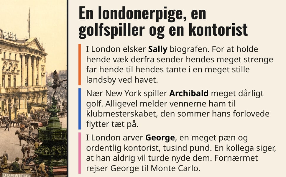 En londonerpige, en golfspiller og en kontorist. I London elsker Sally biografen. For at holde hende væk derfra sender hendes meget strenge far hende til hendes tante i en meget stille landsby ved havet.