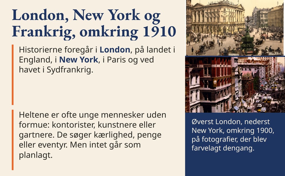 London, New York og Frankrig, omkring 1910. Historierne foregår i London, på landet i England, i New York, i Paris og ved havet i Sydfrankrig.